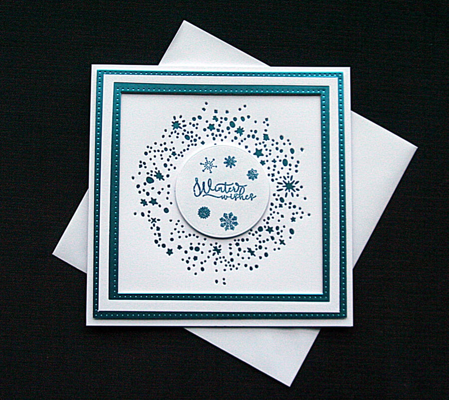 Square Snowflake Swirl - Blue - Handcrafted Christmas Card - dr190060