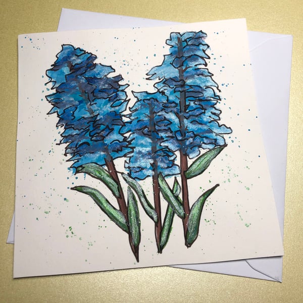 Handpainted blue flower watercolour and pen greeting card 