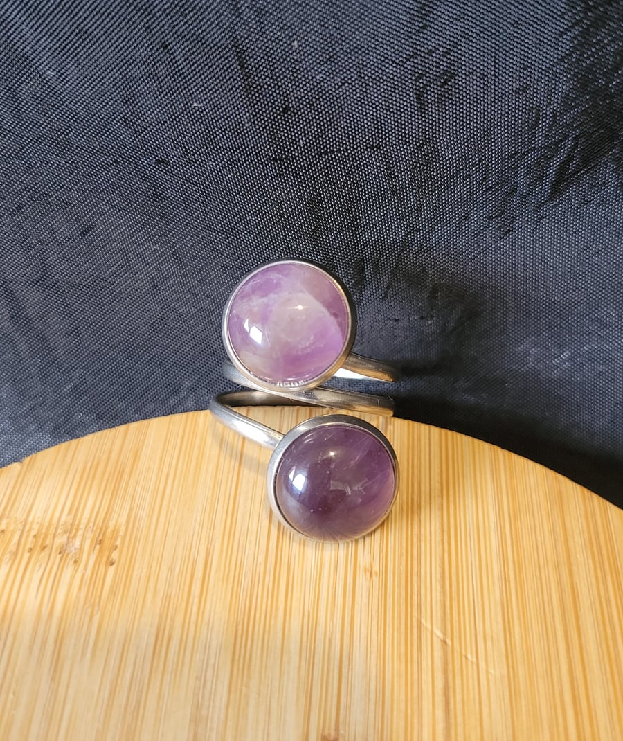 Stainless Steel Double Crystal Ring - Double Amethyst