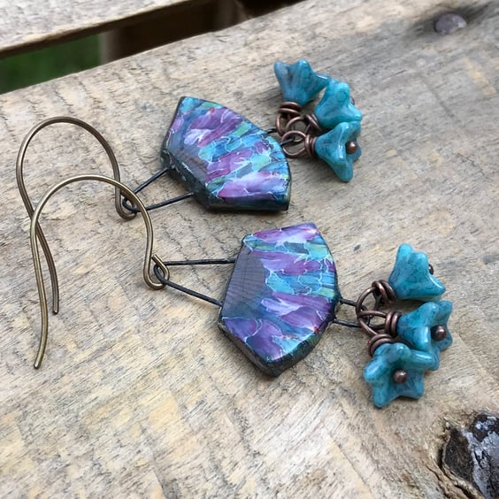 Handcrafted Ceramic Fan Earrings - Colourful Jewellery, Glass Flower Clusters