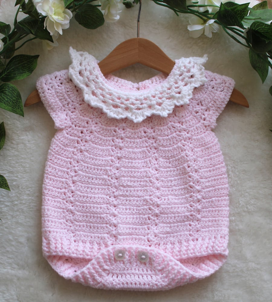 Baby Girl Romper - Light Pink and White - 0-3Months - Short Sleeved with Collar