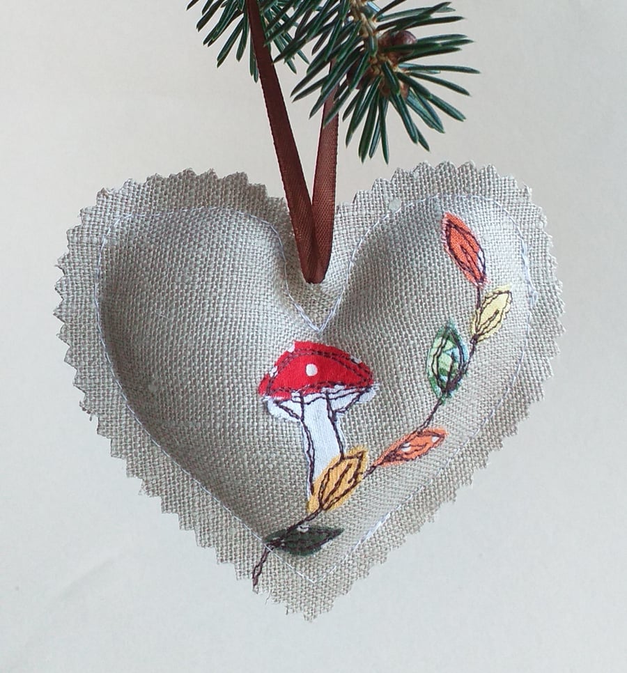 Toadstool Embroidered Heart Decoration