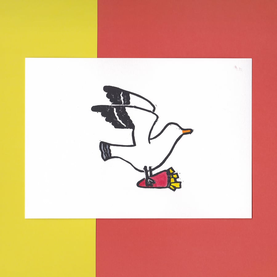 SECONDS - Hungry Seagull – Original Handmade Blockprint & Watercolour