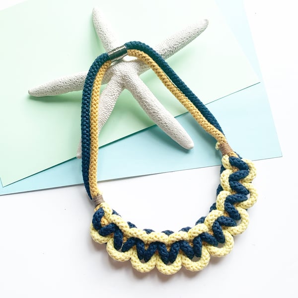 Knotted Yellow and navy statement necklace, sustainable cotton rope necklace