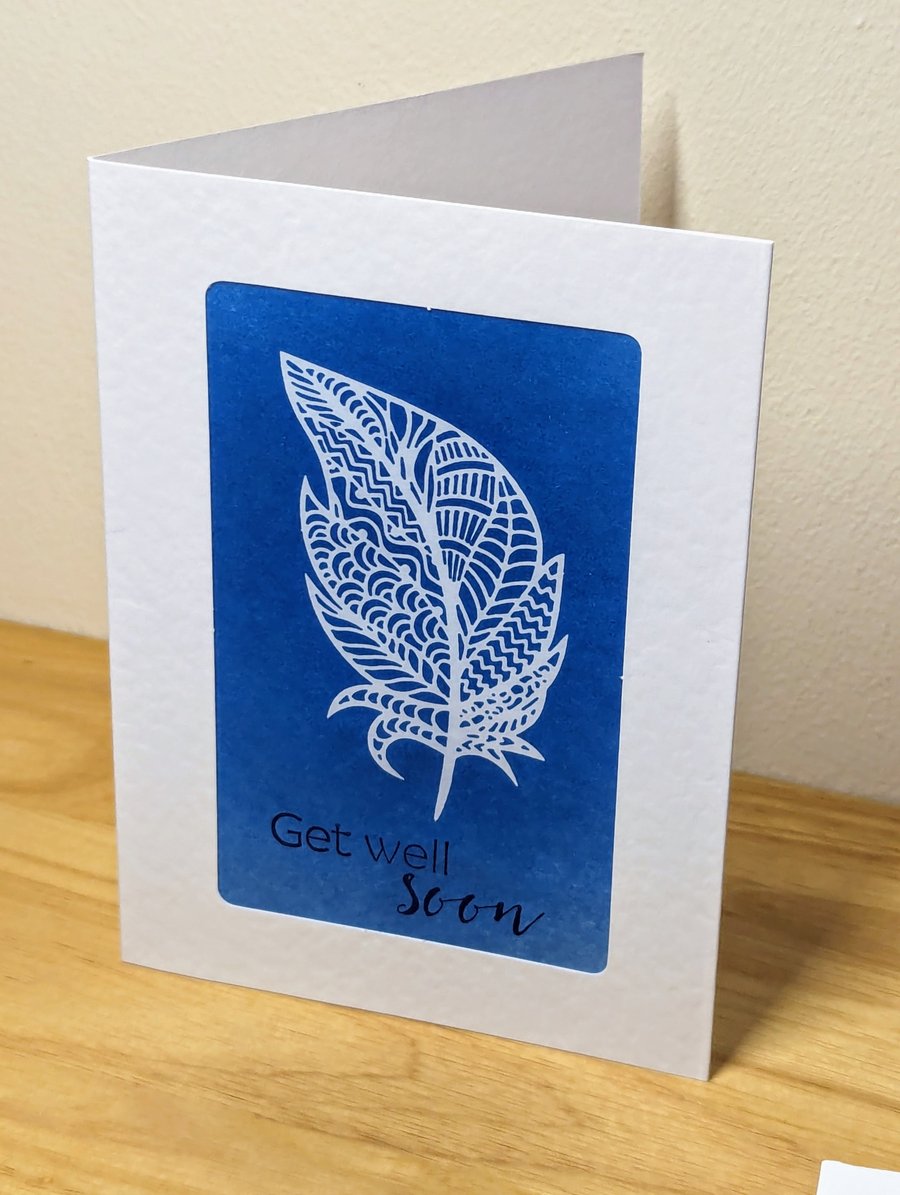Feather Get Well Soon Nature Cyanotype Print Card Blue White Framed Small