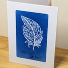 Feather Get Well Soon Nature Cyanotype Print Card Blue White Framed Small