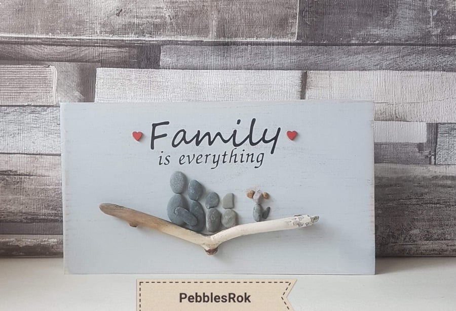 Pebble art, family is everything, pebbles, driftwood, wooden sign, house warming
