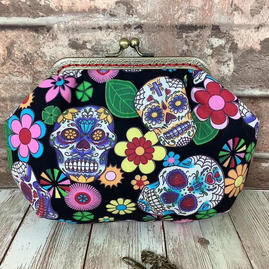 Candy Skulls day of the dead small fabric frame clutch makeup bag handbag purse 