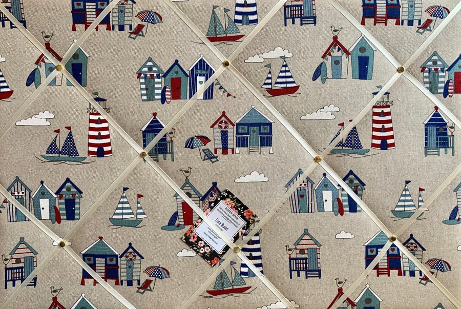 Handmade Bespoke Memo Notice Board With Linen Seaside Beach Huts Nautical Fabric