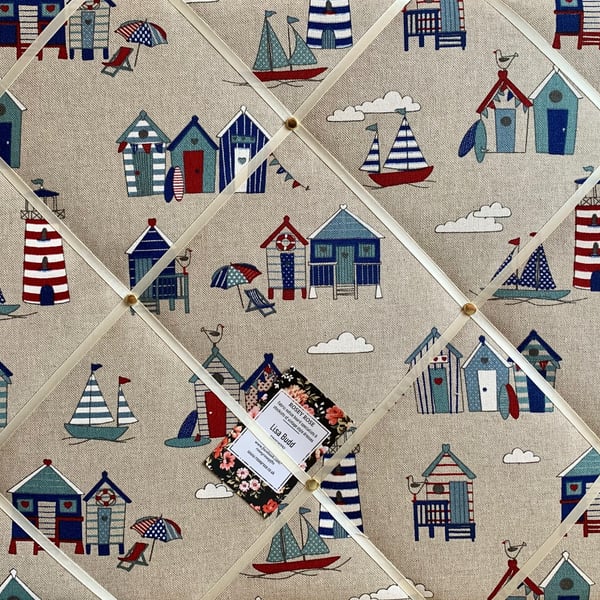 Handmade Bespoke Memo Notice Board With Linen Seaside Beach Huts Nautical Fabric