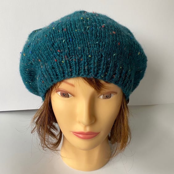 Women's Classic Hand Knit Beret, Teal Tweed Wool Hat, Knitted Hats for Her