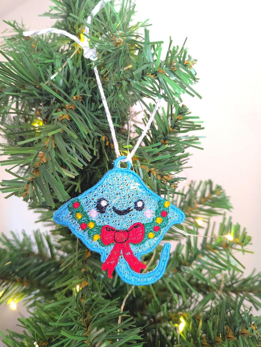 Embroidered hanging Ray for the christmas tree, fun playful decoration