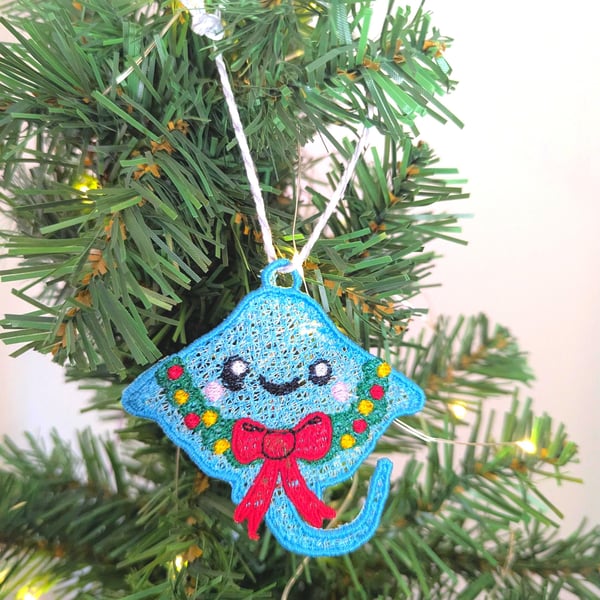 Embroidered hanging Ray for the christmas tree, fun playful decoration