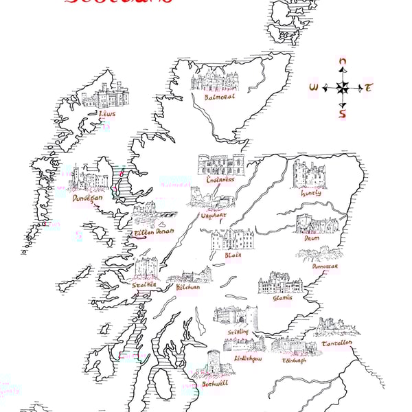 Map of the Castles of Scotland Hand Drawn Tolkien Style Artwork