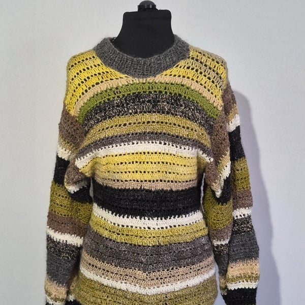 39. SUMMER SECONDS. Striped Round Necked. Crocheted Jumper In Hand Spun Wool. 