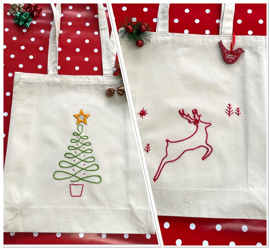 Christmas strong canvas tote shoulder bags with reindeer or Christmas tree art