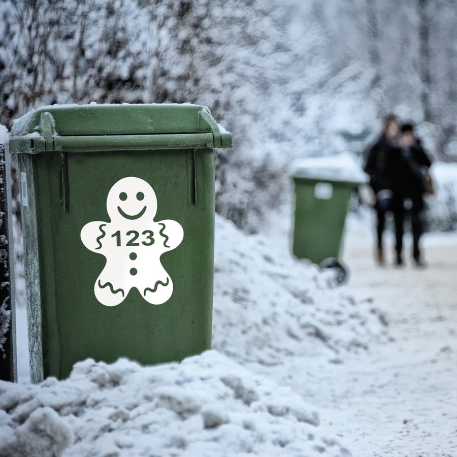 Gingerbread Man Wheelie Bin Sticker - Personalised Sticker Custom Number House 