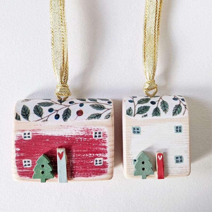 Set of 2 Painted Christmas House Hanging Decorations