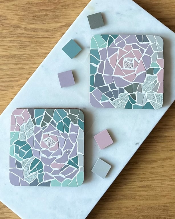 Mosaic Coaster Art: Pink and Lilac Roses
