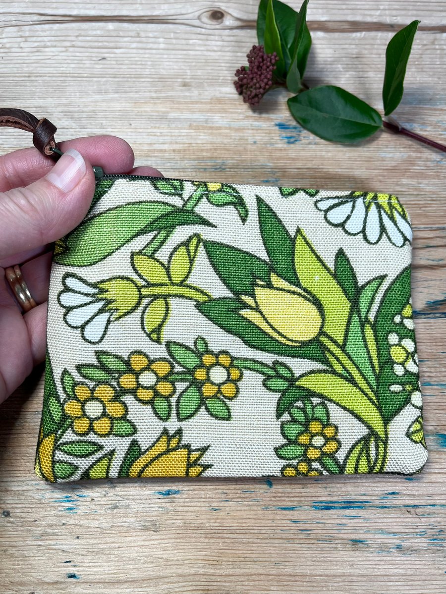 Yellow and green Flower Waltz reclaimed linen coin purse zip pouch