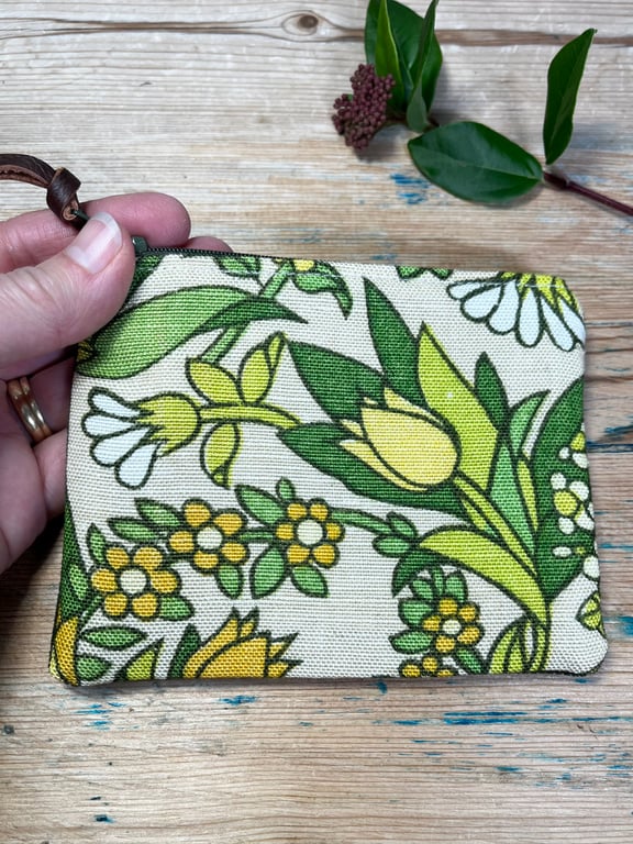 Yellow and green Flower Waltz reclaimed linen coin purse zip pouch