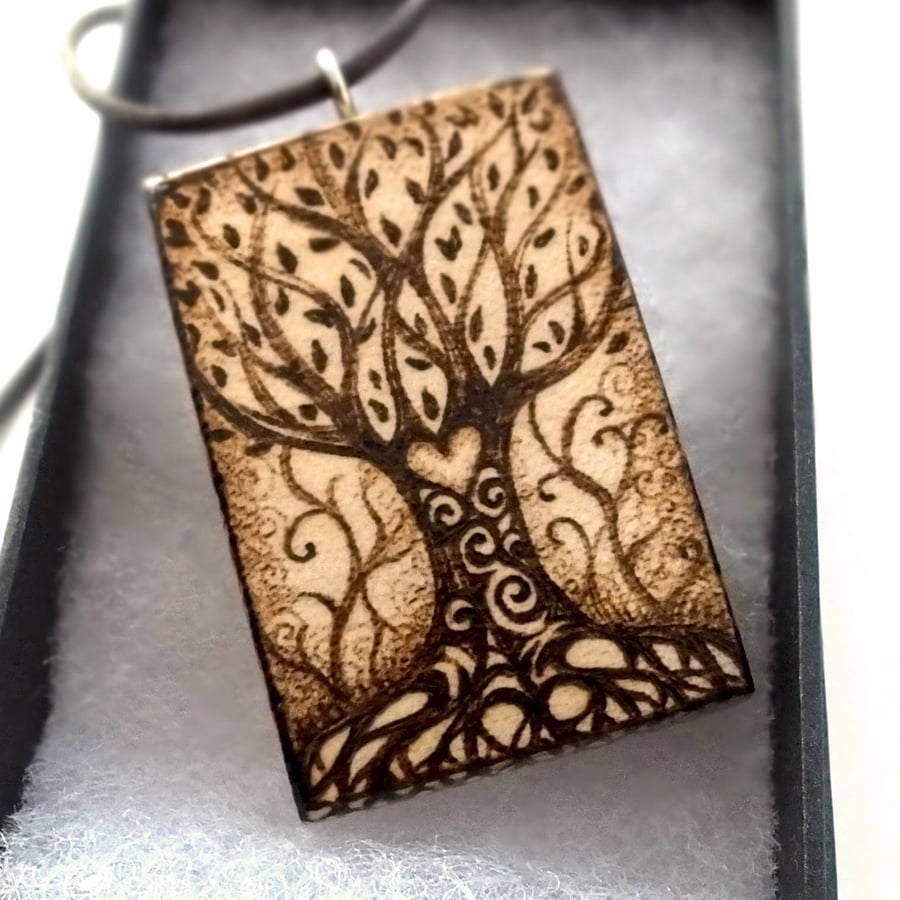 Tree of Life Pyrography Pendant. Wooden tree necklace in sycamore.