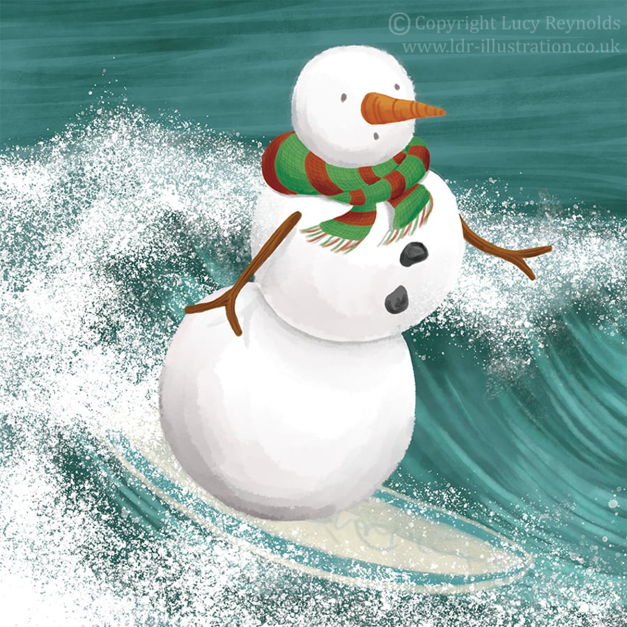 Single Surfing Snowman Card
