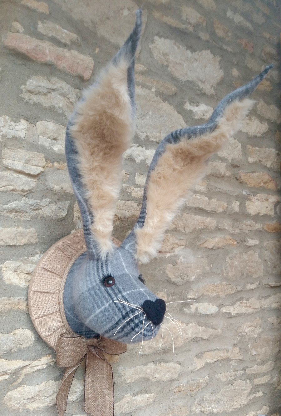 Faux taxidermy grey tweed bunny, hare, rabbit wall mount animal head trophy