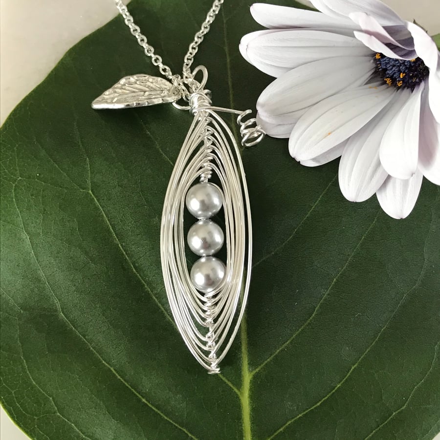 Handmade pea pod necklace with silver Swarovski Crystal pearl beads 