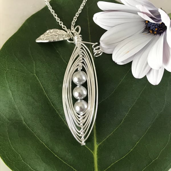 Handmade pea pod necklace with silver Swarovski Crystal pearl beads 