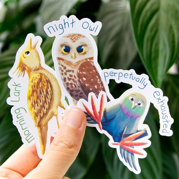 Adorable Morning Lark, Night Owl or Exhausted Pigeon Matte Vinyl Stickers