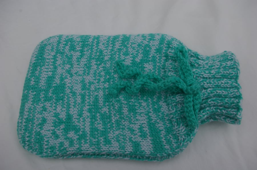 Hot Water Bottle Cover Hand Knitted in Green and White