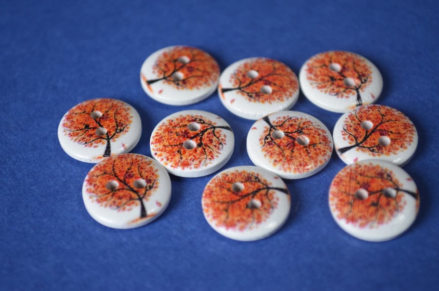 15mm Wooden Autumn Tree Buttons Orange Brown Amber 10pk Leaves (ST18)