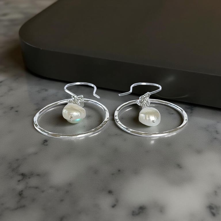 Silver Hoop Earrings With Pearls