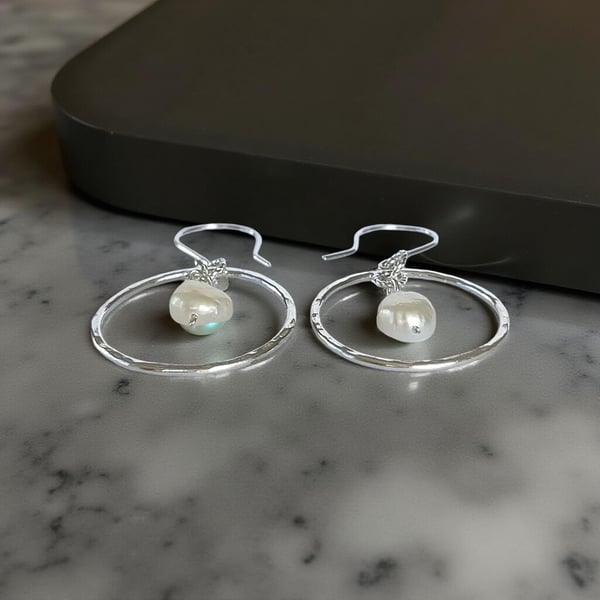 Silver Hoop Earrings With Pearls