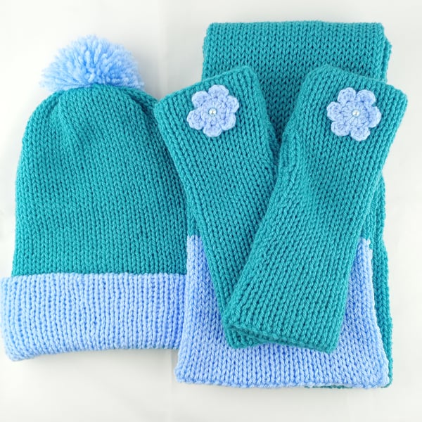 Hat, Scarf & Fingerless Gloves Wrist Warmer Set Knitted in Pale Blue & Turquoise