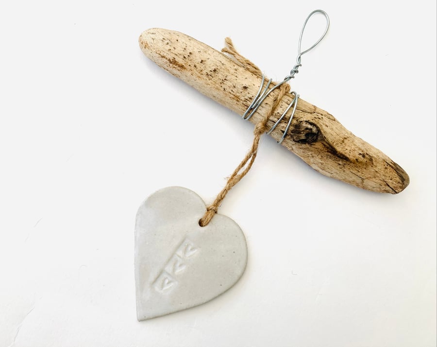 Driftwood, Loveheart hanger, pottery, gift idea, birthday, clay, handmade