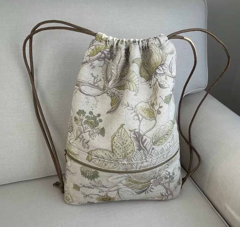 Floral Drawstring Backpack, Botanical Print Gym Bag, Fabric Cinch Sack, Boho Cas