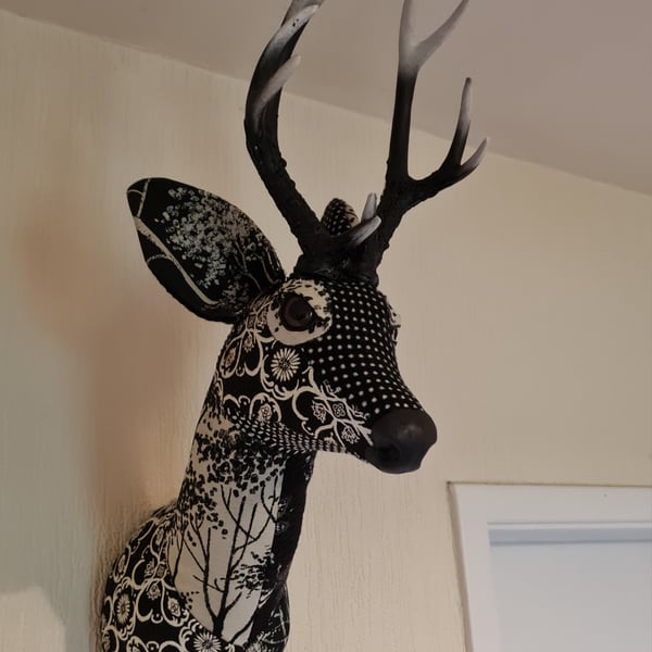 Faux deer head in black and white fabric