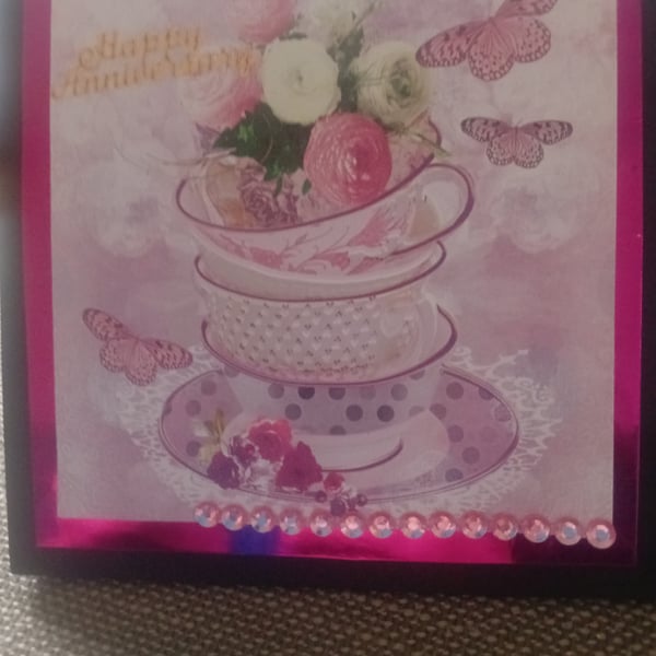 Floral Teacups Anniversary Easel Handmade card