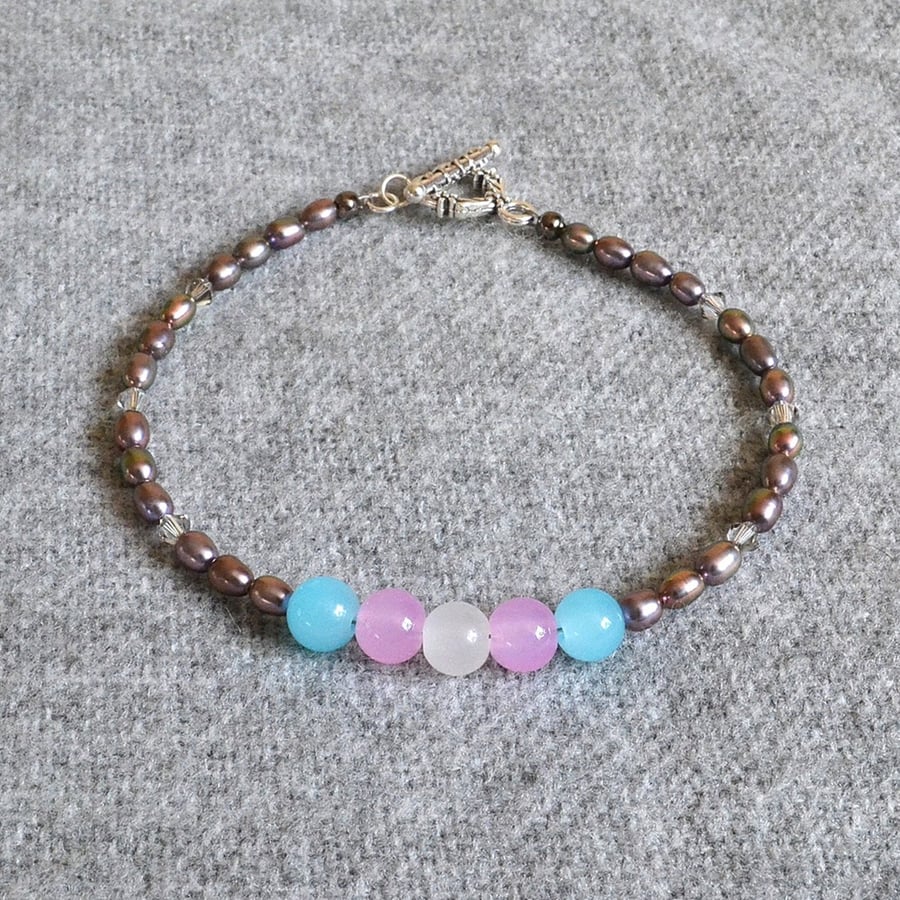 Trans Pride Bracelet with Glass Beads, Oval Glass Pearls, and Crystal Bicones