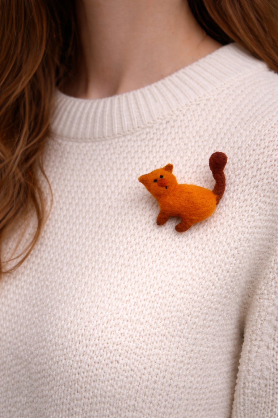 Orange Felted Cat Brooch