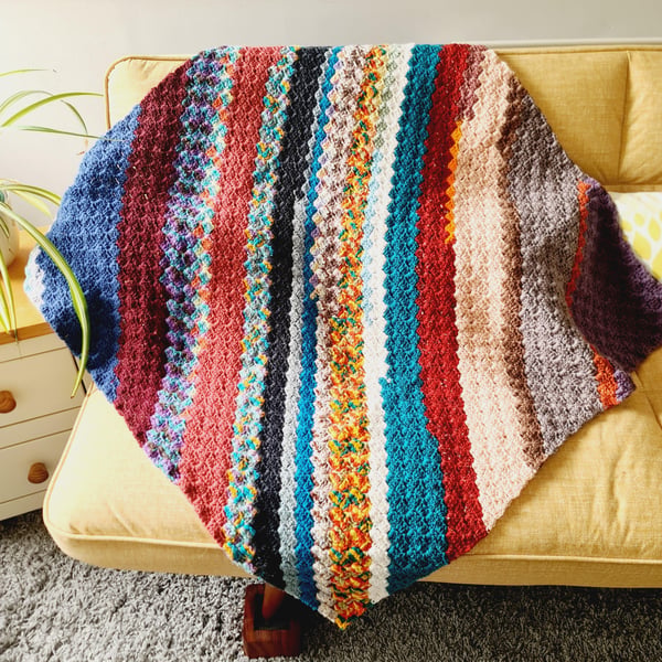 Multicoloured Aran Lap Blanket, Crochet Knee Warmer Throw