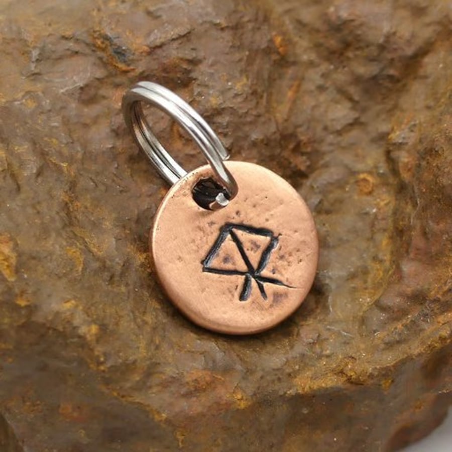 Recycled Round Copper Courage Bindrune Keyring Charm, Bag Charm.