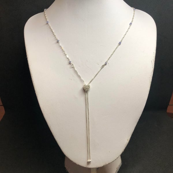 Tanzanite over the head station necklace with natural Zircon Heart Slider Clasp 