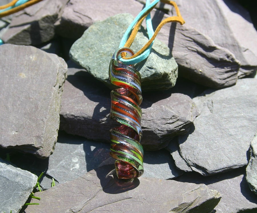 Sale 30% off. Multi coloured glass spiral pendant and matching earrings