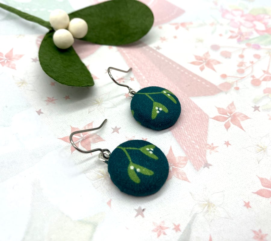 Mistletoe sprig fabric button dangle earrings festive gifts for her
