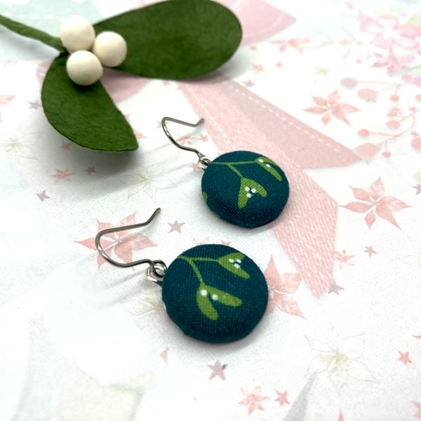 Mistletoe sprig fabric button dangle earrings festive gifts for her