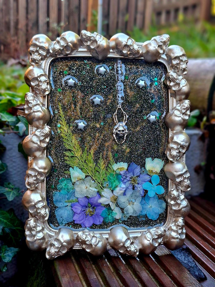 Gothic upcycled resin photo frame Valloween Valentines Goth spider skulls 