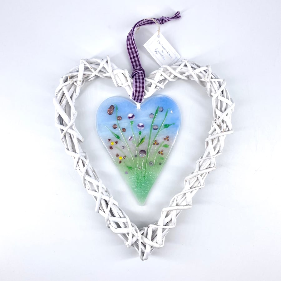 Glass Heart with Delicate Purple Flowers in Wicker Heart on Ribbon